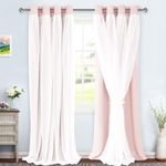 XWZO 100% Blackout Curtains with Sheer Overlay, Double Layer Curtains with Black Liner, Thermal Grommet Curtains for Bedroom, Living Room, White Sheer Tulle with Tiebacks, 2 Panels, 52x96, Blush