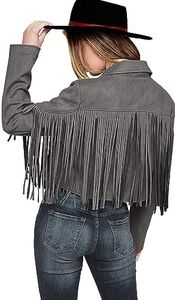 PRETTYGARDEN Women's Fringe Faux Suede Leather Jackets 2025 Fashion Tassel Motorcycle Cropped Coats (Silver Grey,Medium)