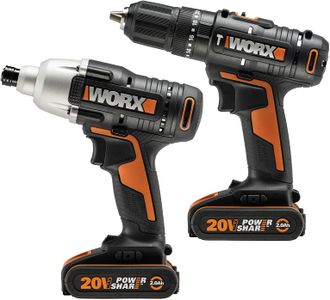 Worx 20V Cordless Combi Drill & Impact Driver Kit – 2 Batteries, Charger, Bag