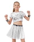 LOLANTA Girls Sequins Dance Outfits, Sparkly Jazz Latin Hip Hop Clothes, Crop Top with Skirt 5-12 Years, Silver, 6-7 Years