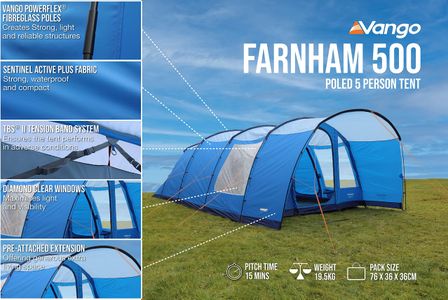 Vango Farnham 500 5-Person Tunnel Tent – TBS II, Sun Porch, River Blue