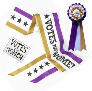 3 Item Suffragist and Suffragette Costume Kit with 3-Color Sash and Tri-Color Rosette and VOTES FOR WOMEN hand sign.