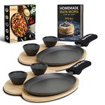 Tortillada – 10 Inch Cast Iron Fajita Pan/Grill Pan Set for Fajitas – incl. Wooden Serving Tray + 2 Ceramic dip Bowls (Set of 2)