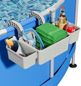 Kompoll Poolside Storage for Above Ground Pool Accessories, Thickened Plastic Pool Basket with 2 Pool Cup Holder, Multifunctional Poolside Holder Fits for Most Frame Pools (1 Pack)