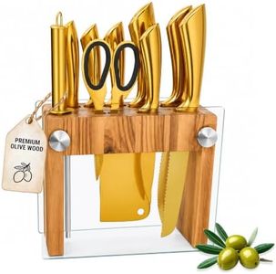 Gold Knife Set with Block and Steak Knives-Olive Wood Knife Holder with Tempered Glass Sides
