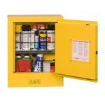 Justrite 8902001 Safety Cabinet Mini for Flammable Liquids, 1 Door, 1 Shelf, Manual Close, Aerosols, 559 mm Height, 432 mm Width, 203mm Depth, Steel, 1 Adjustable Shelf, 17" W x 22" H x 8" D, Yellow