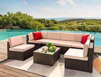 Egizmo Rattan Sofa 6 Seater Sofa Set with Glass Top Center Table Outdoor Sofa Patio Sofa Furniture for Home & Garden Seating Furniture