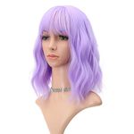 FAELBATY Wavy Wig Short Purple Wigs With Air Bangs Shoulder Length Wig For Women Curly Wavy Synthetic Halloween Cosplay Wig for Girl Costume Wigs (12" Purple Color)