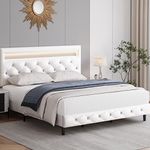 Modern Upholstered Platform Bed Frame with LED Headboard, Faux Leather Low Profile Platform Bed Frame, Strong Wood Slat Support, Adjustable Upholstered Headboard, Easy Assembly, White, Full Size