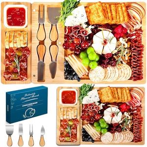 Easoger Large Charcuterie Board (28"×13"×1.6") with 2 Drawers, Bamboo Cheese Board with Knife Set, 2 Ceramic Bowls, Cutting Protection Natural Slate and Non-slip Feet, ideal for Housewarming Gift