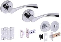 HANDLEZONE® Lobo Door Handles on Rose Bathroom Deadbolt Pack with 75mm Ball Bearing Hinges, 65mm Latch and Lock - Polished Chrome