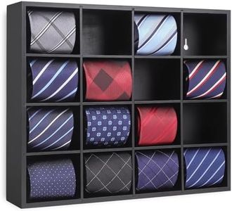Ribgwo Tie Organizer Wall Mounted Tie rack,Tie box for Men,Tie Storage Box Organizer with 16 Compartments，Tie Display Racks for Bedroom, changing room, Men Wardrobe(Black)