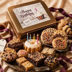 Happy Birthday Gourmet Gift Basket – Fresh Baked Cookie & Brownie Assortment in Elegant Reusable Tin Box – Birthday Food Gifts for Mom, Dad, Friends, Family & Clients by Dulcet Gift Baskets