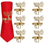 Christmas Napkin Rings- 6 Pcs Christmas Alloy Napkin Ring Holder Household Napkin Buckle for Table Decor, Wedding, Xmas, Party Dinner, Thanksgiving (Reindeer) (Gold)