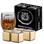4 Large Whiskey Stones 64 cm³ (4 cu in) - Man Gift Set - Reusable Stainless Steel Metal Ice Sphere Cubes Beverage Chilling Rocks Whiskey Stones for Red Wine, Bar Beer, Scotch, Vodka Drinks - Gold