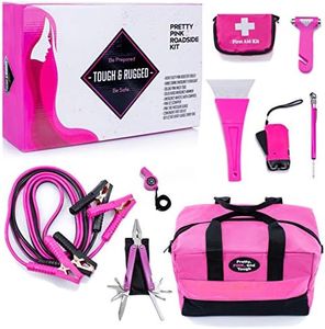 Gears Out Pretty Pink Roadside Kit - Emergency Kit for Teen Girls and Women - Lightweight, Soft-Sided Carry Bag With Jumper Cables, First Aid Kit, and Tools - 5 Year Warranty
