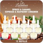 Plug In Air Freshener Refills – Spruce, Caramel, Espresso & Raspberry Cinnamon Scents – Adjustable Fragrance for Home & Bathrooms, 12 Pack – Compatible with Air Wick & Glade, Not Include Glade Plus