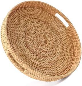 HITOMEN Hand-Woven Round Rattan Serving Tray Decorative Wicker Trays with Handles for Coffee Table (M-11.8'')