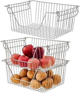 blitzlabs Stackable Wire Metal Baskets Sturdy Cabinet Organizer Wire Pantry Freezer Bin with Handle for Home Bathroom Kitchen Fruit Vegetable Organization, Chrome, 3Packs