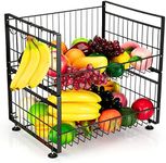 GlowSol 2-Tier Fruit Basket Bowl with 4 Banana Hangers, Vegetable Countertop Produce Storage Rack, Tray Display Rack, Multifunctional Can Dispenser, Black