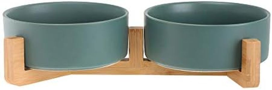 Green Pet Bowls for Dogs and Cats Ceramic Bamboo Holder Dishwasher-Safe and Easy to Clean (2 Bowls)