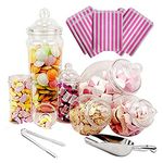 Purple Square 6 Jar Retro Pick & Mix Victorian Sweet Shop Candy Buffet Kit Party Pack with Scoop, Tongs & Bags - Pink Stripe