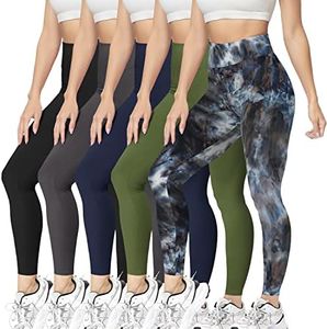 VALANDY High Waisted Leggings for Women Stretch Tummy Control Workout Running Yoga Pants Reg&Plus Size, 5 Packs-black/Dark Gray/Navy/Olive/Black Tie-dye, Large-X-Large