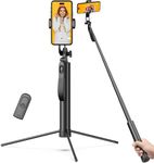 72-inch Metal Tripod and Selfie Stick for Cell Phone and Camera, Portable Travel Tripod Stand, Rechargeable Remote, 360° Rotation, Compatible with iPhone & Android and Camera, Black