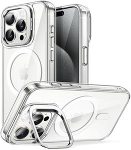 JETech Kickstand Case for iPhone 15 Pro 6.1-Inch Compatible with MagSafe Wireless Charging, Built-in Camera Ring Stand, Shockproof Phone Bumper Cover, Anti-Scratch Back (Clear)