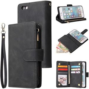 for iPhone 6 Plus Wallet Case,for iPhone 6s Plus Case,Boyobacase PU Leather Wallet Flip Cover Stand Feature[ 6 Card Slots and 1 Zipper Coin Pocket] with Wrist Strap-Black