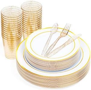 MATANA 150-piece Party Tableware Set in White and Gold for 25 Guests - 25 Plastic Plates, 25 Dessert Plates, 25 Spoons, 25 Forks, 25 Knives and 25 Party Cups