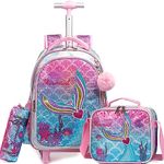 Rolling Backpack for Girls School Backpack with Lunch Box for Elementary Student Wheels Trolley Luggage, Mermaid Rose Love