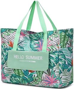 Waterproof Large Beach Bag, Myhozee Sandproof Beach Tote Bags for Women Foldable Pool Shoulder Bag for Beach Picnic Swimming Shopping Camping Grocery Green Leaf