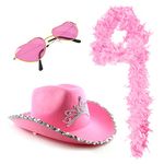 Love Tour Accessory Set - Pink Cowboy Hat with Tiara, 65g Baby Pink Feather Boa, Pink Heart-Shaped Sunglasses - Adults Pop Icon Concert Fancy Dress Costume