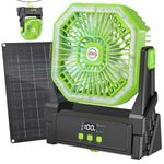 Cawevon 10000mAh Solar Fan,Camping Fan with 10W Solar Panel & Light,4 Speeds Portable Fan with LED Display,4 Timer,Hanging Hook & 180°Adjustable.Battery Operated Fan Rechargeable for Outdoor (Green)