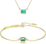 Gdirection 925 Sterling Silver Simulated Emerald Tiny Pendant Necklace and Bracelet for Women, Emerald Cut Nano Green Gemstone 18K Gold Plated Costume Jewelry Set with Gift Box, nano substances,