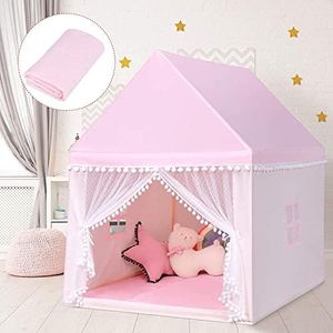 BABY JOY Kids Play Tent, Children Play House w/Solid Wood Frame & Cotton Mat, Indoor Princess/Prince Castle Playhouse for Children Boys & Girls Gift, 105x120x140cm (Pink)