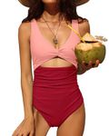 Charmo Women Fashion Sexy One Piece Swimsuit with Breast Cushion V Neck Slimming Bathing Suit Pink/Red XL