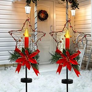 ALLADINBOX 2 Pack Christmas Outdoor Yard Stakes Solar Lighted Decorations, LED Candle Christmas Lights with Artificial Poinsettia Gold Berry and Pine Needles Decorative Garden Stake