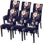 SearchI Chair Covers, Set of 6, Spandex Super Fit Stretch Removable Washable Kitchen Parsons Chair Protector for Dining Room,Hotel,Ceremony, Navy+Flowers