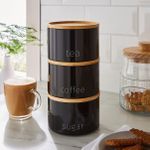 Set of 3 Metal Stacking Canisters Tea, Coffee, Sugar | Stackable Containers with Airtight Bamboo lids | Kitchen Storage Jar Container (Matt Black)