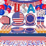 4th of July Decorations - Patriotic Party Supplies 244Pcs Paper Plates and Napkins with Tablecloth, Cutlery, Balloons, Stickers, Banner and Cupcake Toppers for Independence Day, Memorial Day Decorations, Veterans Day (Serves 24)