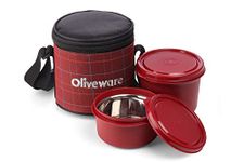 SOPL-OLIVEWARE Cleo Lunch Box, Microwave Safe & Leak Proof, 2 Inner Steel Containers with BPA Free Airtight Lids (450ml & 600ml), Fabric Bag (Red)