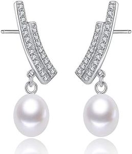 Freshwater Pearl Earrings for Women - Sterling Silver CZ Ear Cuff Stud, Climber Dangle Earrings