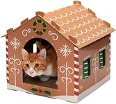 Furhaven Cardboard Cat House w/Catnip for Indoor Cats, Ft. Scratching Pad & Hanging Toys - Decorated Gingerbread House Holiday Cat Scratcher Hideout - Christmas Print, One Size