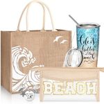 Yiyiring 6 Pcs Beach Gifts for Women Beach Bag Gift Set Beach Gift Set Burlap Beach Tote Bags Beach Cosmetic Bag 20oz Beach Tumbler Beach Keychain for Beach Lover Gift Summer Holiday Wedding Travel