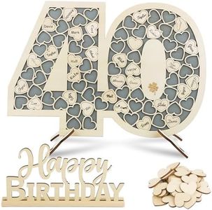 Livre d'or d’Anniversaire en Bois pour 40 ans Cadre de Signature + Mini Coeur Bois +Accessoire Happy Birthday Cadeau Décoration de Table pour Anniversaire