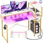 Cyclysio Gaming Desk 47", Computer Desk with Reversible Storage Shelves, Home Office Desk with Power Outlets & RGB Led Lights, Small Desk for Gaming, Studying, Working White