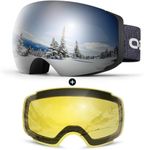 Odoland Magnetic Interchangeable Ski Goggles with 2 Lens, Large Spherical Frameless Snow Snowboard Goggles for Men Women, Black Frame Sliver Lens vlt 15%