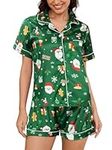 MyFav Women's Silk Satin Christmas Pyjamas Funny Print Short Sleeve Sleepwear Soft Button Down Pj Set 2 Piece Lounge Sets,Santa Claus,XS